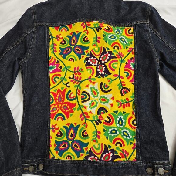 Jack London Denim Jacket Mens Medium Dark Blue Colorful Corduroy Floral Patch - Picture 1 of 10